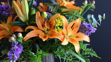 A close-up of a vibrant flower bouquet with orange lilies, purple asters, and green foliage, arranged in a sleek vase.