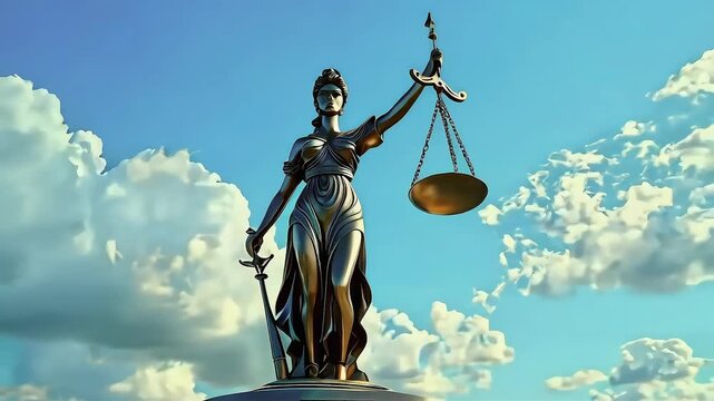 Lady Justice statue with scales and sword against blue sky.