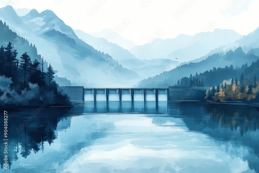 Wall mural basic illustration of a river with a hydroelectric dam, water conservation, renewable energy, no log