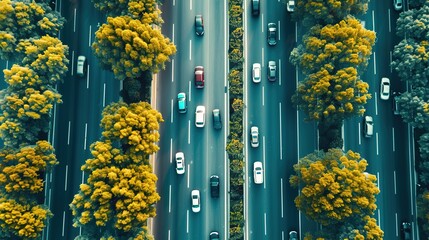  "Aerial view of a busy highway with numerous vehicles, dense traffic, urban planning, city grid, modern infrastructure