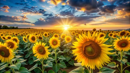 Fototapeta premium Vibrant yellow sunflowers stretch towards the horizon, their bright petals shining like miniature suns in a serene morning landscape.