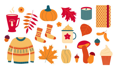 Autumn cozy season clipart. Ugly sweater, socks, fall leaves, pumpkin, candles, hot drinks, mushrooms. Hygge. Vector doodles isolated on white.