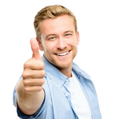 Smile, thumbs up and portrait of man in studio with confidence, vote or agreement gesture. Opinion, review and happy face of proud person with yes sign, deal success and like hand on white background