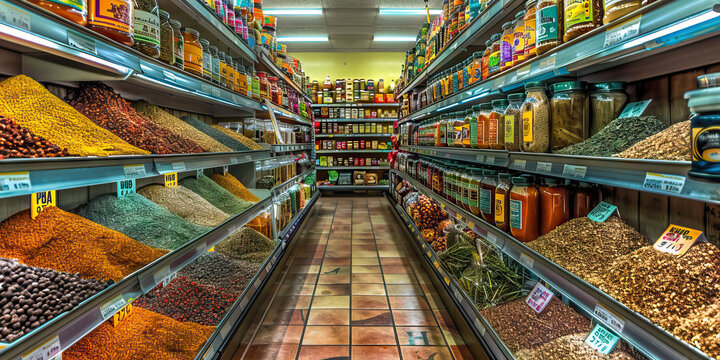 The Rich Spice Aisle: Aisle in a local grocery store, displaying an array of vibrant African spices and herbs.