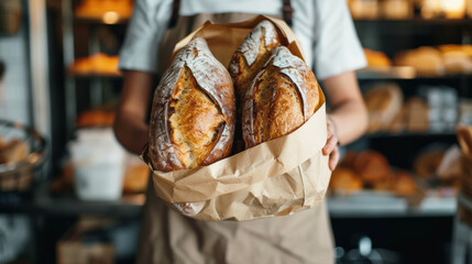 Customer enjoying freshly baked bread from local bakery during morning visit