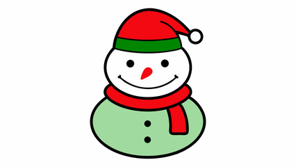 Vector Line Art of Christmas Cute Snowman with Santa Claus Hat and Scarf on White Background