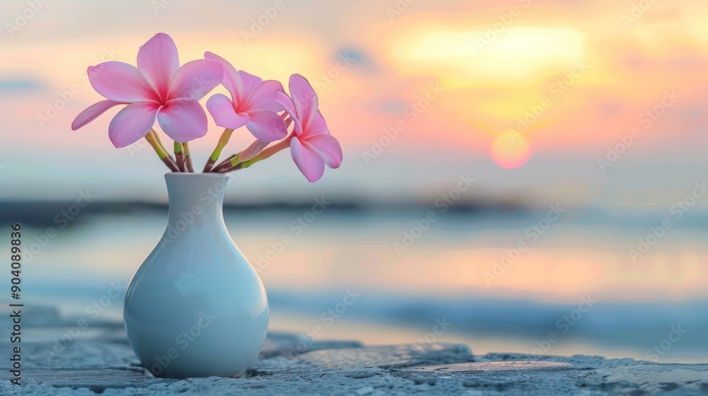 Sticker Pink Flowers in Vase at Sunset