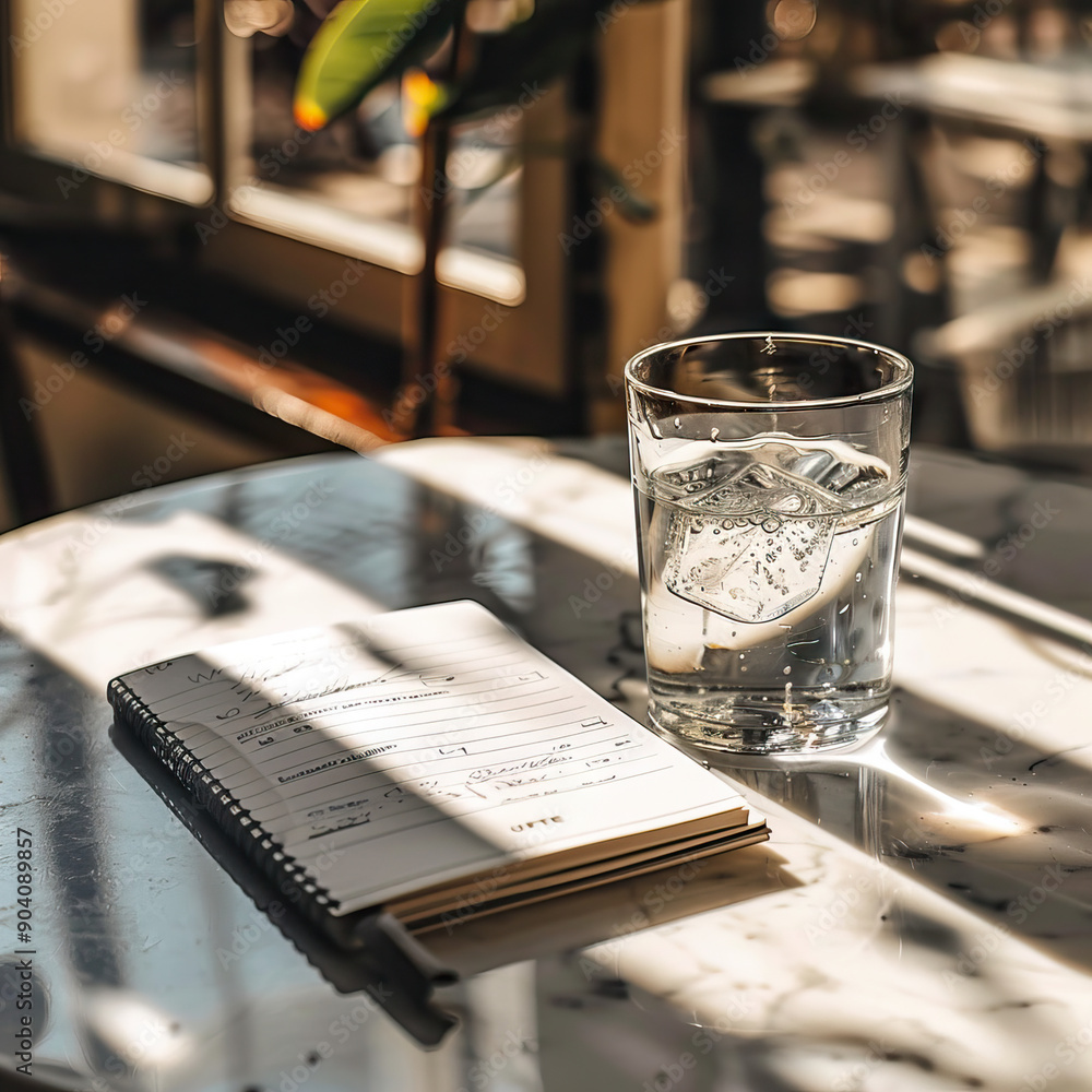 Poster a pristine table with only a glass of water and a single notebook, inviting focus and clarity.