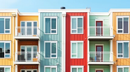 Obraz premium Colorful apartment building with balconies against a clear blue sky. Modern urban living with vibrant architectural design. Bright summer day.