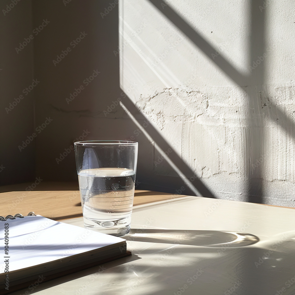 Poster a pristine table with only a glass of water and a single notebook, inviting focus and clarity.