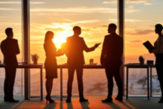 Abstract blur silhouette Many person business discuss in the lounge in warm light flare. business people having a meeting. agency problem. conflict of interest. corporate governance. Management