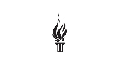 Initial Letter T Burning Torch Fire Flame with Pillar column black logo design on white background