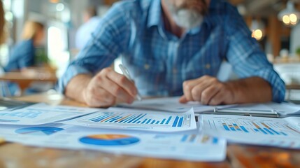 Fototapeta premium Man Analyzing Business Data Charts & Graphs in Cafe Photo