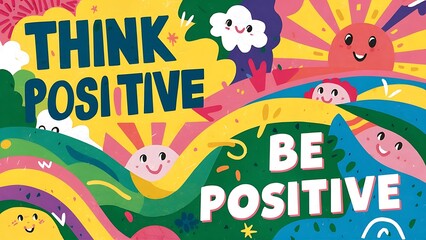Naklejka premium Think Positive Be Positive colorful background and text (T-shirt Design Motivational Quote, Illustration ,Typography)