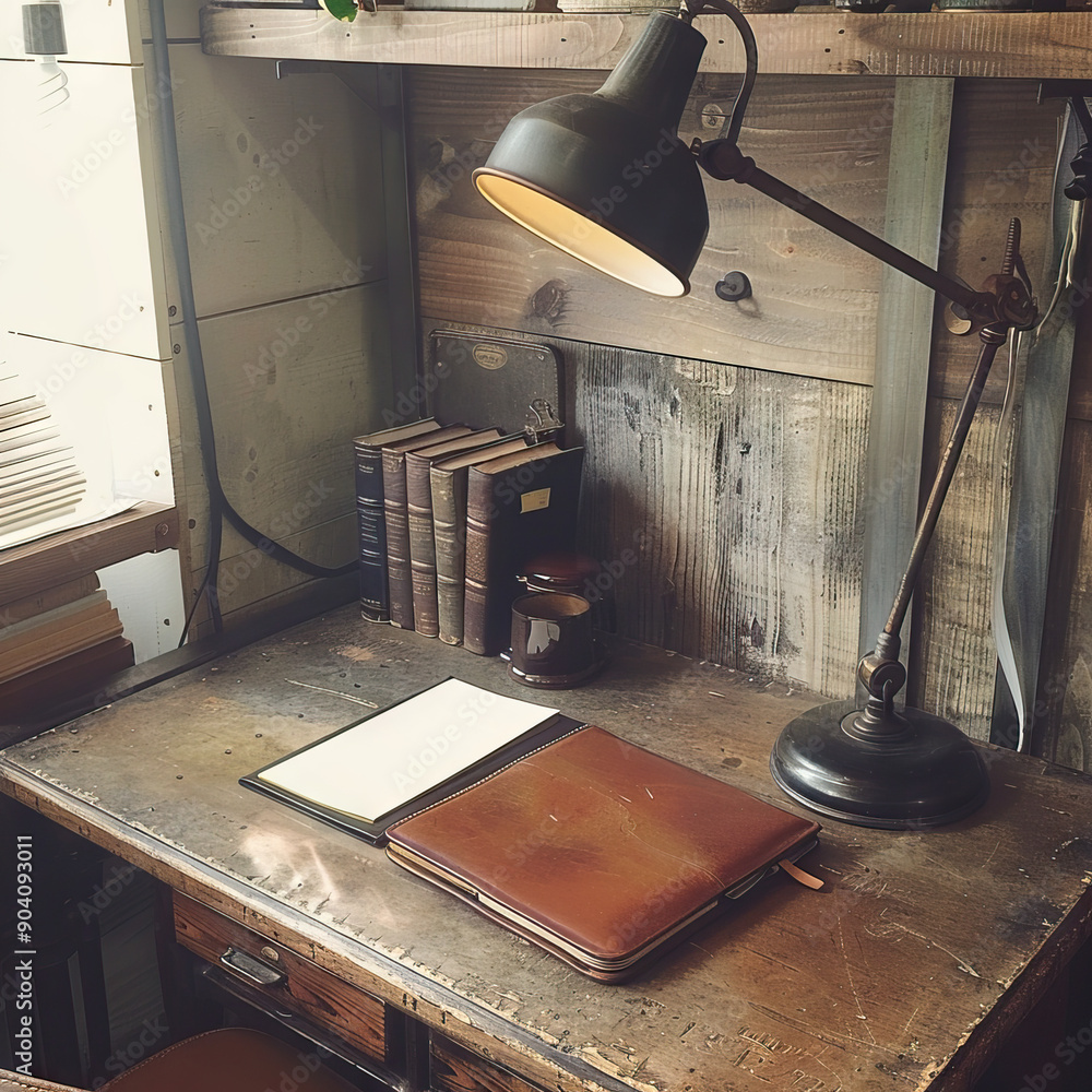 Aufkleber a spotless desk, supporting only a single lamp and a leather bound notebook, encouraging uninterrupt