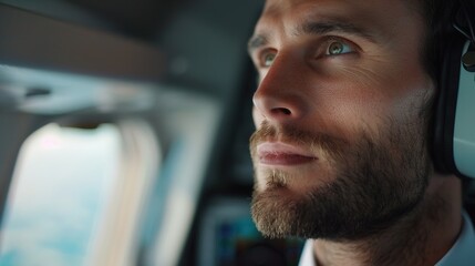 Experienced Male Airline Pilot Conducting Pre-flight Check in Cockpit, Professional Transport Worker in Aviation Industry