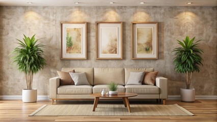 Fototapeta premium Elegant modern beige living room with three framed prints, wooden accents, and potted dry plant against a textured stucco wall backdrop.