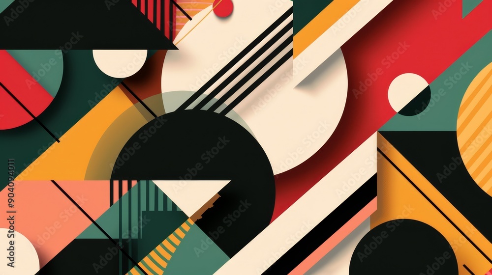 Poster this image features a vibrant collection of geometric shapes and bold patterns in various colors, ar