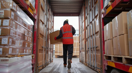 Warehouse worker unloading delivery boxes from truck at loading dock in winter