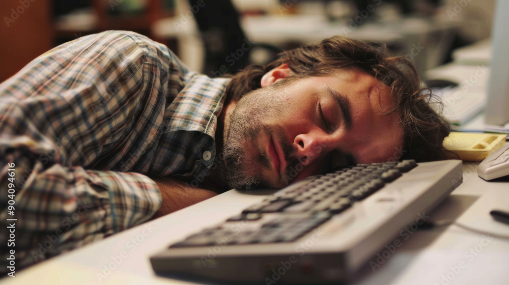 Poster exhausted employee slumped over keyboard after long hours of work in office setting