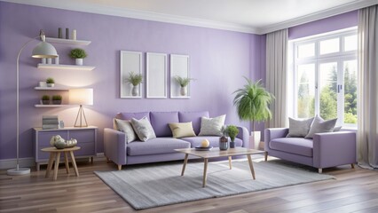 Fototapeta premium Soothing lilac hues and lush lavender accents harmoniously blend in a serene, minimalist living space exuding calm and relaxation atmosphere.