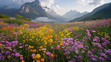 A field of Khun Nai's wildflowers, creating a colorful and natural landscape.