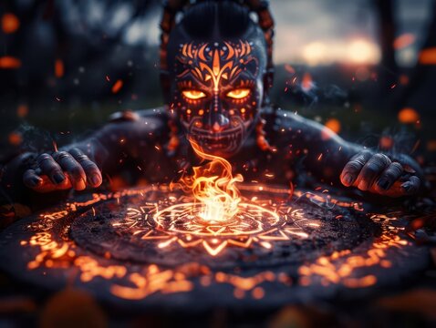Tribal rituals performed around a sacred fire, Mystical, Dark tones, 3D rendering