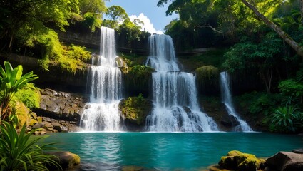 Obraz premium Waterfall landscape beautiful water falling on mountains in tropical forest. Ai Generative.