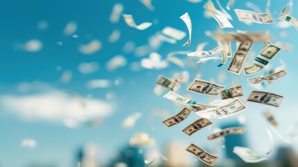  "Flying hundred-dollar bills against a clear blue sky, signifying financial freedom and abundance