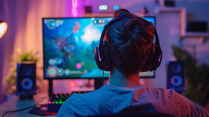 Gamer engaged in game design within a cozy home studio at night