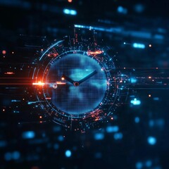 Obraz premium Futuristic digital clock design, showcasing vibrant blue and orange lights against a dark background, symbolizing time and technology.