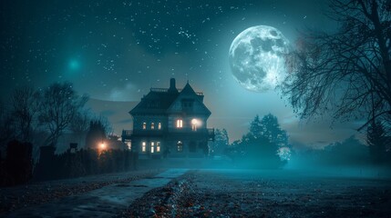 Fototapeta premium Eerie scene with a moonlit haunted house surrounded by fog and bare trees, creating a spooky atmosphere perfect for a horror story or Halloween imagery.