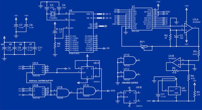 Vector electrical scheme. Schematic diagram of electronic device, operating 
under control of microcontroller. Technical electric design with integrated circuit, capacitor, memory chip, logic gate.