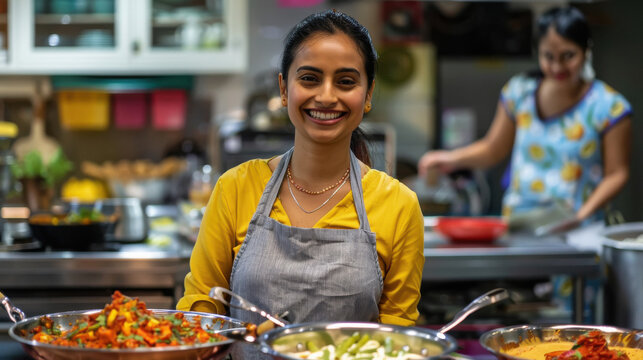 young indian woman cooking food at kitchen