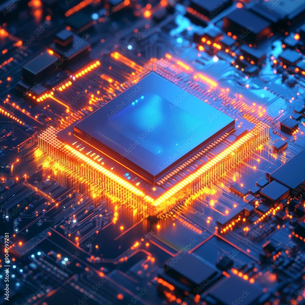 Poster a close-up view of a glowing microprocessor with vibrant orange and blue circuitry, showcasing intri