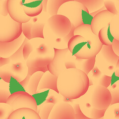 Pattern with a bunch of juicy and sweet peaches with leaves. Vector illustration