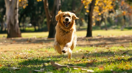 A happy Golden Retriever playing fetch in a sunny park, capturing its joyful expression mid-run.