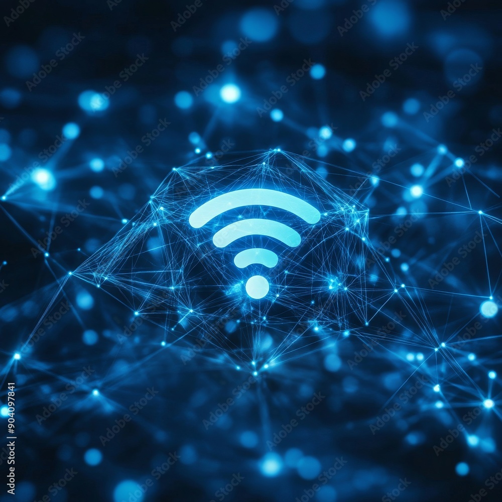Poster abstract digital wifi symbol on a blue network background, symbolizing connectivity and technology.