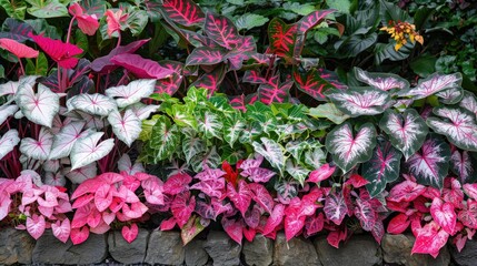 A lush garden bed filled with various Caladium plants, displaying a mix of pink, red, and white foliage.