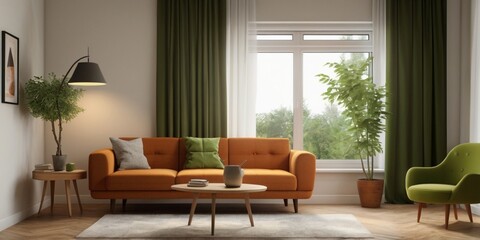 Fototapeta premium orange armchair and brown corner sofa against window
