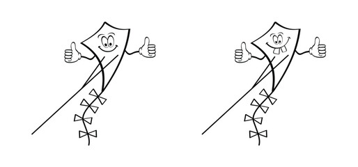 Cartoon mascot, stickman, stick figure man with a kite in the sky. Friends together, kite flying, have fun. Sport logo. Child playing or running fly a kite. Happy healthy children playing kites pictog