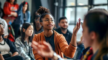 Diverse group of students engaged in collaborative learning in a modern classroom