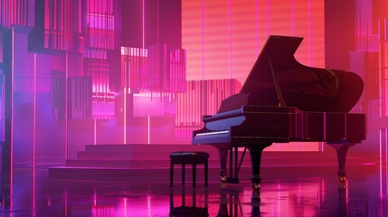 A stunning grand piano sits center stage on a platform illuminated by vibrant neon pink and purple lights, creating an elegant and modern atmosphere, perfect for performances.