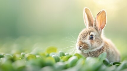 A cute rabbit sitting among green plants, capturing the essence of nature and tranquility in a serene outdoor setting.