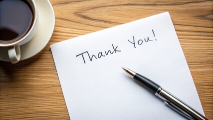 Thank You Note with Pen and Coffee on Wooden Table.