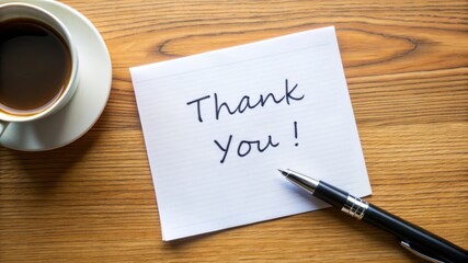 Thank You Note with Coffee and Pen on Wooden Table.