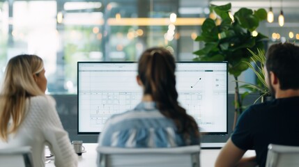 Dynamic Team Collaboration: Discussing Project Timeline on Large Screen in a Modern Office Setting