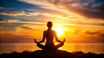 Woman meditating at sunset by the sea.