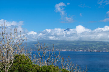 View of mount and volcano Pico in a cloud from Faial island on Azores, Portugal. Nature photography 