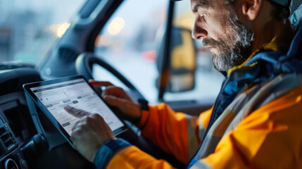 Truck driver entering delivery information into tablet while seated in vehicle during late afternoon